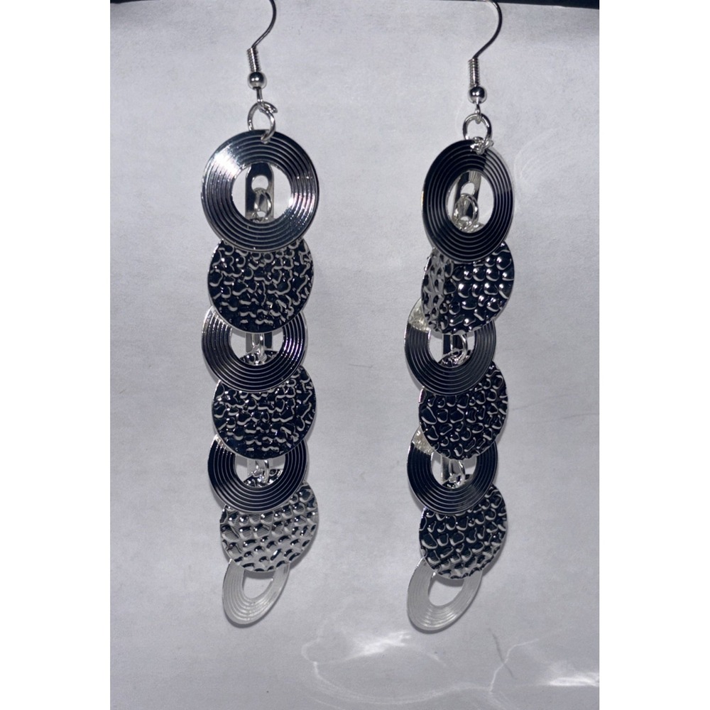 Vintage Earrings Circle Silver Tone Drops Dangle Textured Round Boho Geometric